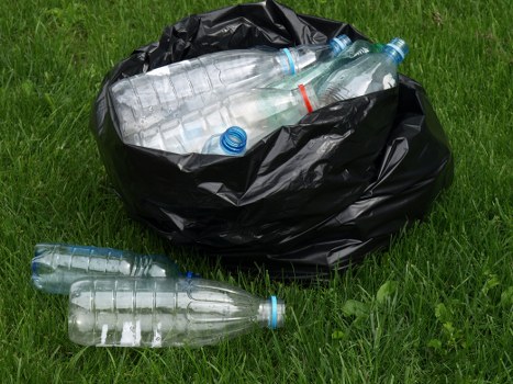 A black rubbish bag partially opened on a grassy outdoor area containing several clear plastic bottles with blue caps and labels. Some bottles are loose on the grass in front of the bag, indicating they have been removed from the bag. The scene is set on a patch of well-maintained green grass, likely part of a garden or yard, with natural daylight illuminating the area. The focus is on the recyclables inside and around the bag, where the textures of the plastic bottles are smooth and transparent, contrasting with the crinkled, shiny surface of the black bin bag. The background is unobstructed, emphasizing the outdoor environment, and the overall scene relates to waste collection and rubbish disposal services, as provided by Garden Clearance Catford, in the postcode area near Catford.
